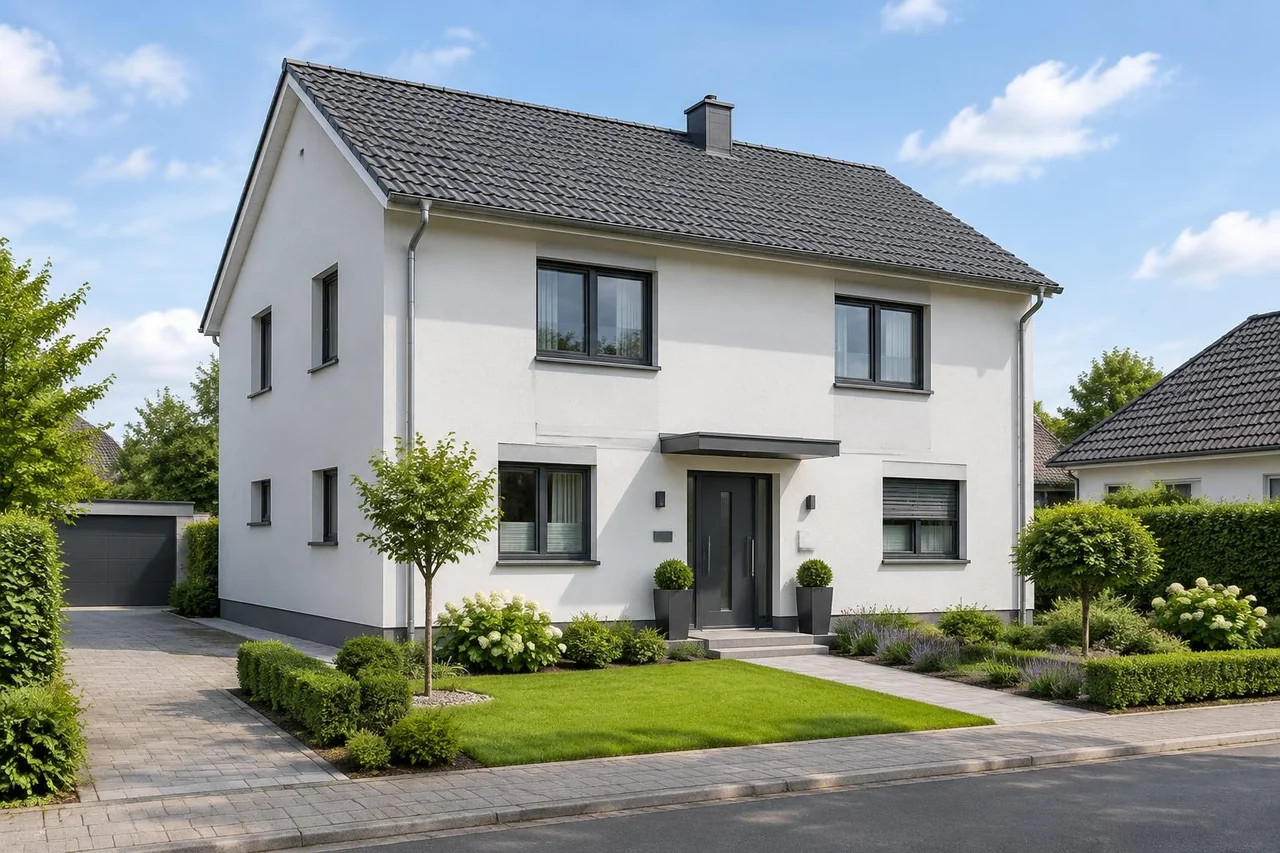 Einfamilienhaus mit frisch verputzter, heller Fassade