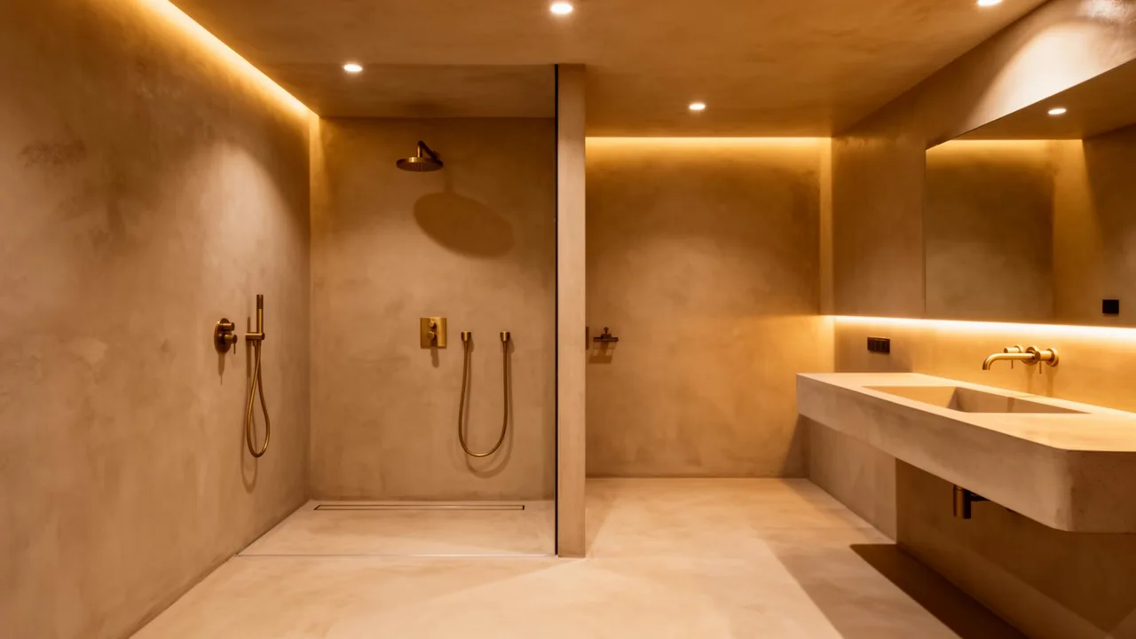 Badezimmer mit fugenlosen grauen Wänden und bodengleicher Dusche